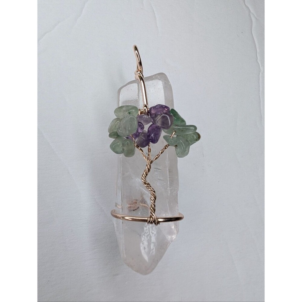 Crystal Point Tree of Life Pendant with Green and Purple Chips